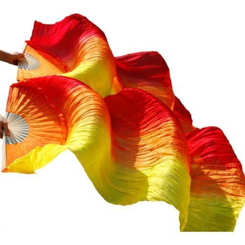 2018 High selling 100% Real Silk Veils 1 Pair handmade women Quality Silk Belly Dance Fans Dance red + orange + yellow
