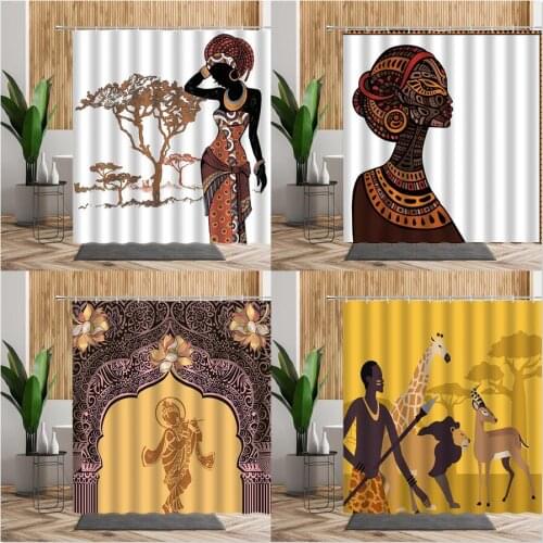 African Women Picture Shower Curtain Africa Ancient Decorative Pattern Bath Curtains Printed Fabric Home Creative Bathroom Decor