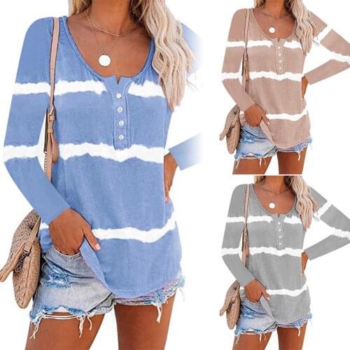 Women Casual O Neck Leisure Long Sleeve Print Gradient Color Buttons Blouse Tops Sweatshirt