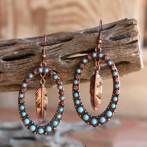 Retro Ancient Plant Leaf Blue Beads Dangle Earrings Vintage Pendientes Womens Hollow Metal Oval Pierced Earring Brincos Z5D261