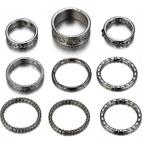 9 Pcs/set Female Vintage Black Gun Color Hollow Geometric Pattern Rings Set For Women Trendy Simple Round Alloy Ring Jewelry