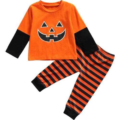 2 Pcs Infant Halloween Outfits, Baby Color Block Pumpkin Print Long Sleeve Round Neck Pullover + Striped Trousers
