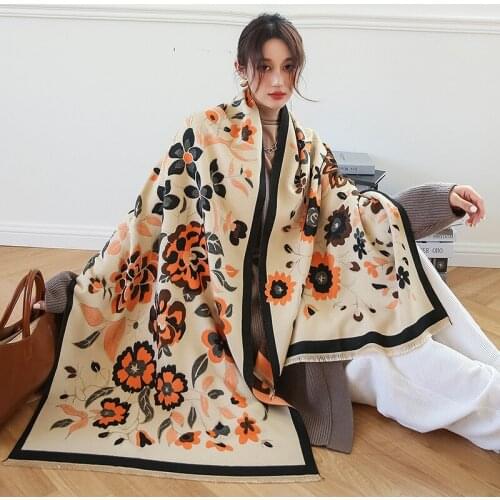 2021 Floral Print Women Cashmere Scarf Winter Luxury Pashmina Shawls Wraps Soft Thick Blanket for Ladies Warm Stoles Scarves