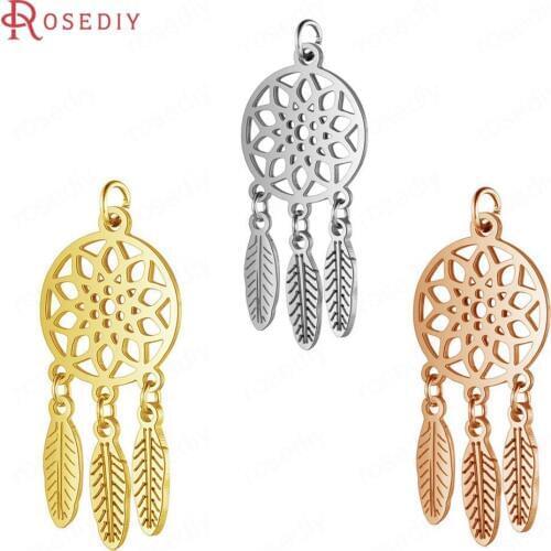 37279)5PCS 14x35MM Quality Gold Color Stainless Steel Round Flower and Wings Charms Pendants Jewelry Making Supplies Findings