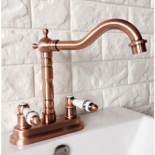 Antique Red Copper Basin Faucet 4 Inch Centerset Bathroom Sink Faucet Dual Knobs Mixer Tap Cold And Hot Water Tap Lrg045