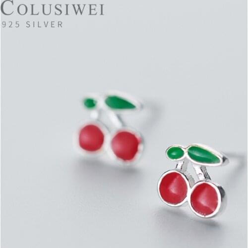 Colusiwei Cherry Stud Earrings for Women Red Green Enamel 925 Sterling Silver Cute Fruit Ear Studs Female Korean Style Jewelry