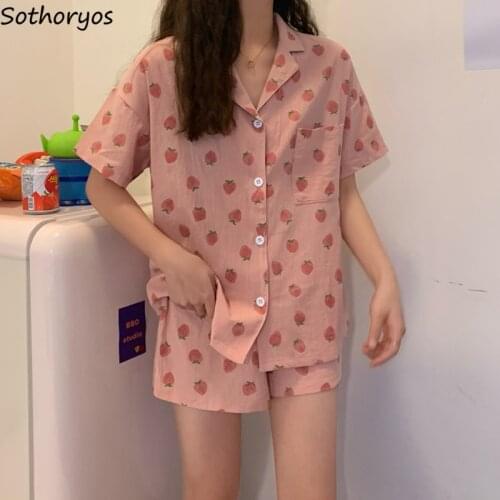 Pajama Sets Women Short Sleeve Fruit Print Lovely Casual Loose Chic Korean Style Single Breasted Sleepwear Elegant Cozy Womens