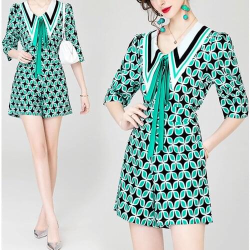 Elegant Ladies Two Piece Set Turn Down Collar Half Sleeve Print Shirts Top Women And Short Pants Womens Suit Clothes SL319