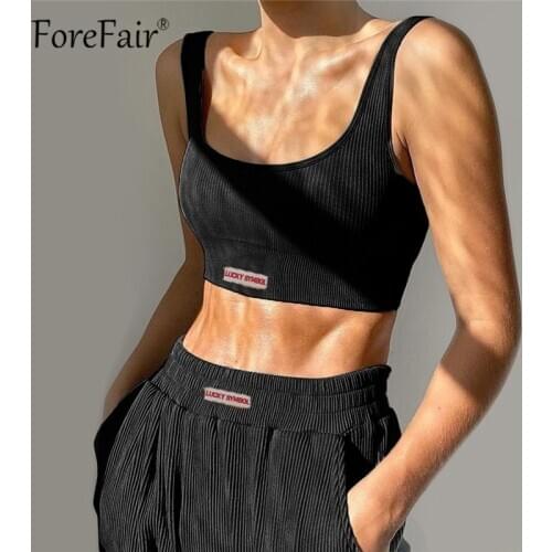 Forefair 2021 Black Sleeveless Sexy Crop Tops A Letter Women Set Casual Fashion Two Piece Set Sportpant Corduroy Outfits Ladies
