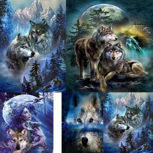 Hot 5D DIY Diamond Painting Moon Wolf Full Square Animal Diamond Embroidery Rhinestone Picture Diamond Mosaic Home Decoration