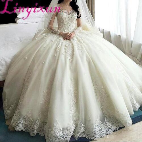 Hot Sale Dubai Crystal Flowers Ball Gown Wedding Dresses 2019 New Long Sleeve Muslim Lace Appliques Wedding Gowns Bridal Dress