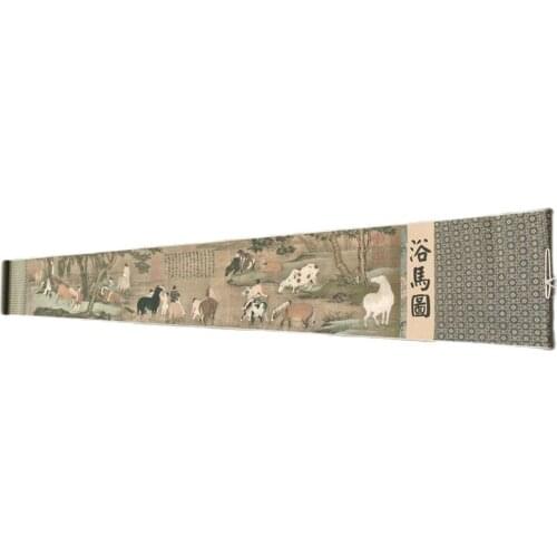 Chinese Old Picture Paper "Bath Horse Painting" Long Scroll Painting