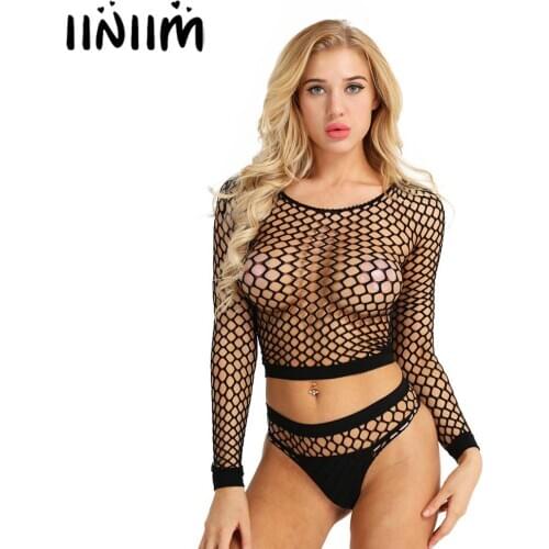 Womens Adult Fishnet Hollow Out Netted Stretchy Lingerie Sets Crop Top with Briefs Bikini Bottom for Beach Summer Party Swimwear