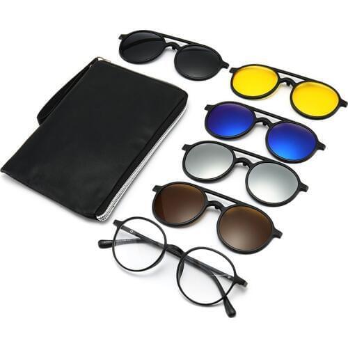 Round 5 in 1 Clip On Sunglasses with Polarized Mirror Flat Night Vision Lens Magnetic Clips Optical Myopia Prescription Glasses