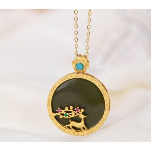 Natural Hetian Jade S925 Sterling Silver Gold-Plated Mexican Blue Amber Pendant Elk Personality Deer Sweater Chain Ornament