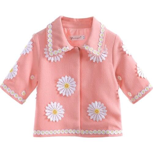 Cute Decorative Girl Short Pink Jacket Design 2021 Fall Flower Pattern Classic Timeless Size 3 5 7 9 11 Years Old