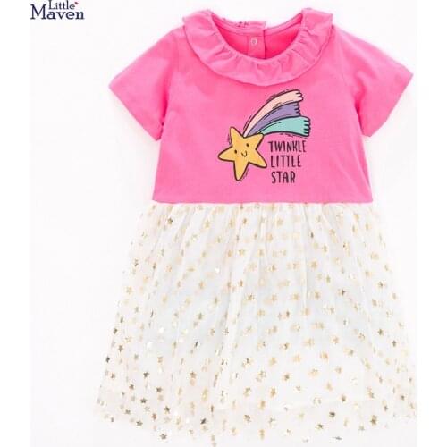 Little Maven 2021 Summer Baby Girls Clothes Toddler Cotton Letter Star Print Party Princess Tulle Dresses for Kids 2-7 Years
