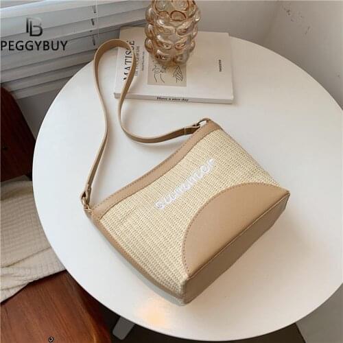 Fashion Women PU Leather Woven Patchwork Bucket Shoulder Underarm Bag Casual Ladies Letters Embroidery Small Handbags Purse