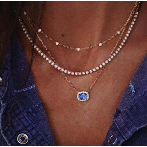 Eif Dock Fashion Square Blue Crystal Necklace Multi-layer Rhinestone Beads Chain For Best Women Party Jewelry Gift