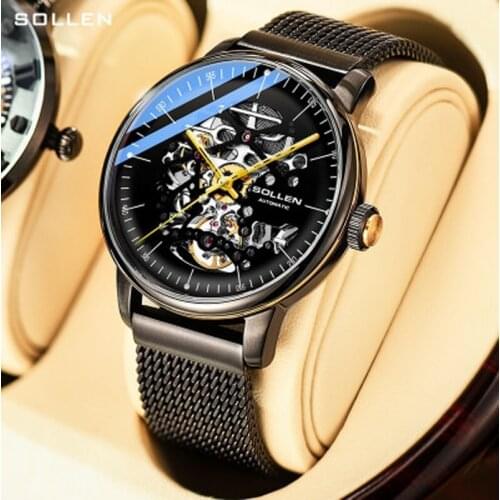 SOLLEN Fashion Luxury Thin Case Design Waterproof Men Mesh Strap Watches Top Brand Luxury Automatic Mechanical Skeleton Watches