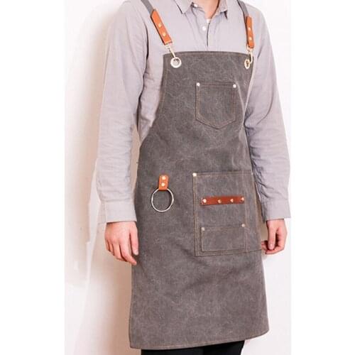 Hot-Canvas Bib Leather Chef Kitchen Apron Womens Mens Barista Bartender Pocket Household Apron