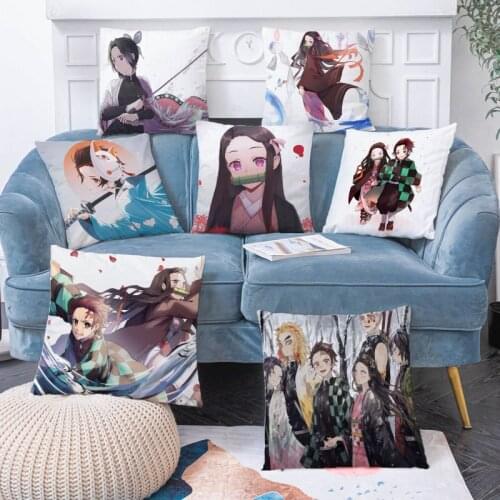 Demon Slayer Cartoon Anime Pillow Covers 45x45cm Home Flannel Anime Sofa Cushion Cover Bedside Backrest Pillow Case Decorative