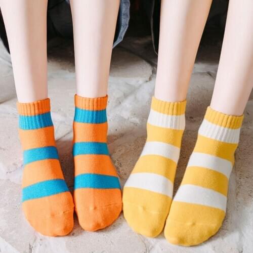 Socks Women Striped Pattern Cotton Short Ankle Socks Harajuku Fashion Novelty Funny Yellow Casual Novelty Streetwear Woman Sock