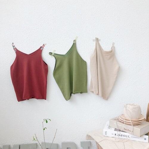 New 2021 Summer Girls Kids Tops Straps Knitted Vest Baby Children Sleeveless T-shirts Korean Style Girls Clothes V-neck Tee