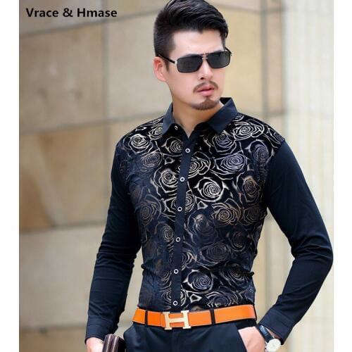 2017 New arrival pleuche high-end boutique long sleeve men shirt Rose pattern printing wash and wear quality men shirt M-XXXL