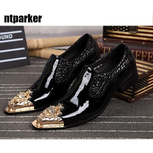 Ntparker YItaly Style Handmade Man Leather Shoes Black Man Dress Leather Shoes Ponited Steel Toe Slip-on Shoes, Big sze 46
