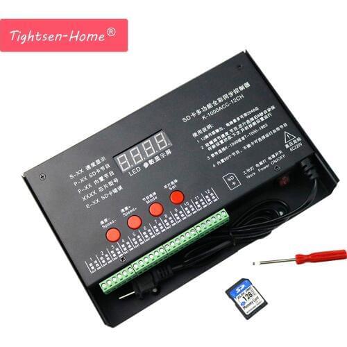 12CH*2048Pixels K1000 K-1000ACC 220V /110V SD Card Pixel Program Controller for WS2801 WS2812B WS2811 LPD8806 RGB LED Strip DC5V