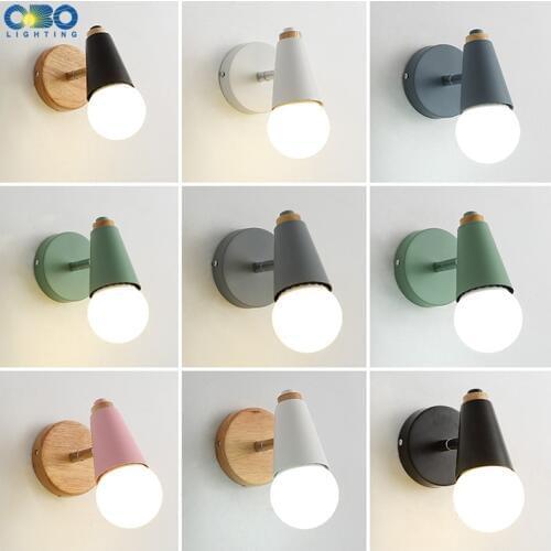 Modern Macaron Wall Lamp Iron Wood Mirror Light Bedside Bedroom Indoor Lighting E27 Light Bulb Retro LED Wall Light Nordic