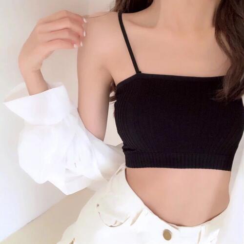 Hot Fashion Sexy Women Off Shoulder Bandeau Top Cropped Chest Padded Tube Top Bra Alphabet Straps Slim Camis Bustier Black White