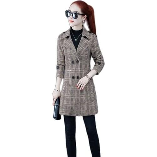 High-Quality Womens Trench Coat New Spring Double Breasted Check Slim Windbreaker Korean suit Collar Mid-Length Plaid Coat