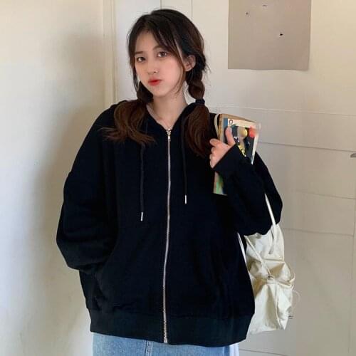 Oversized Harajuku Streetwear Womens Zip-up Hoodie Women Loose Plus Velvet Sweatshirt Pockets Solid Casual Clothes Trendy Tops