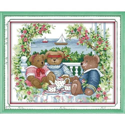 Everlasting Love Bear Afternoon Tea Chinese Cross Stitch Kits Ecological Cotton Stamped 14 11CT DIY Wedding Decoration For Home