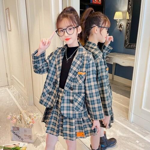 Spring And Autumn Girls' Plaid Suit Girls Button Cardigan Jacket Plaid Pleated Skirt 2-piece Set Girls School Uniform Fashion