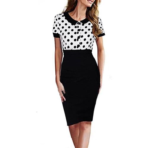 Tmwevn Vintage Polka Dot POLO Collar Pencil Office Dress