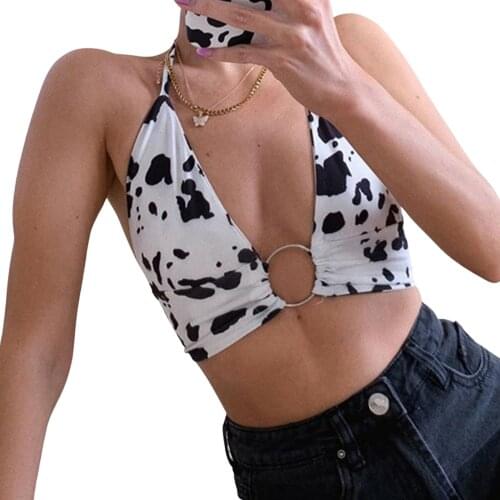 Women Summer Cool Soft Crop Tops Milk Cow Print V-Neck Sleeveless Sling Vest with Metal Ring for Girls Black White