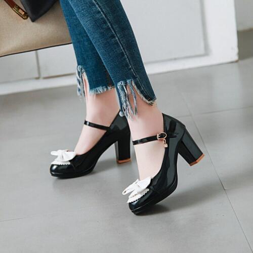Big Size ladies high heels women shoes woman pumps Sweet bow-tied shoes with thick heels