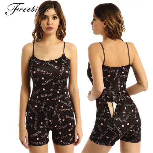 Womans One-Piece Yes Daddy Jumpsuit Romper Pajamas Shoulder Straps Open Ass Bodysuit Lingerie Pyjamas Loungewear
