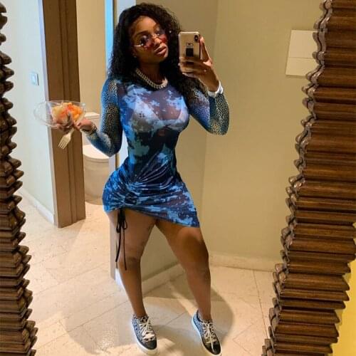 Adogirl Women Leopard Print See Through Long Sleeve Sexy Club Evening Party Dresses Drawstring Ruched Bodycon Mini Dress Street