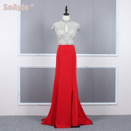 SoAyle Luxury Beaded Evening Dress Sexy Split Off the Shoulder Mermaid Evening Dress for women Sleeveless Red Robe De Soire
