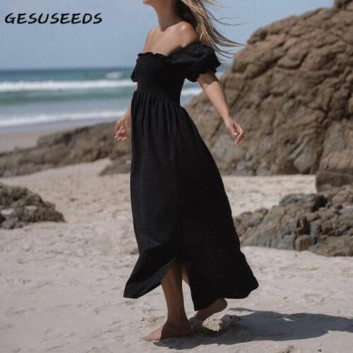 Short sleeve dress women vintage dresses summer maxi dress black square neck dresses chic beach dress solid elastic dresses 2021