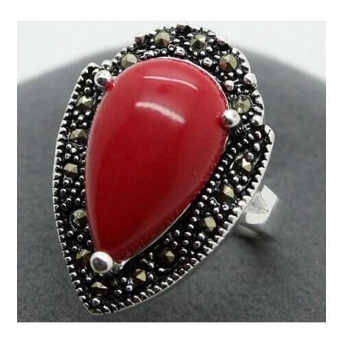 24*16mm Vintage NEW Oval Red Coral Marcasite ring Size 6/7/8/9