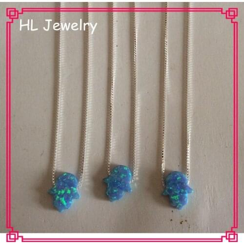 30PCS/Lot Wholsesale Price 925 Sterling Silver 11*13MM Op06 Azure Blue Opal Hamsa Hand Pendant Necklace