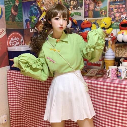 Chinese Style Retro Loose Lantern Long Sleeve Green Button-down Shirt Female Design Sense Loli Sweet Top Women Blouse