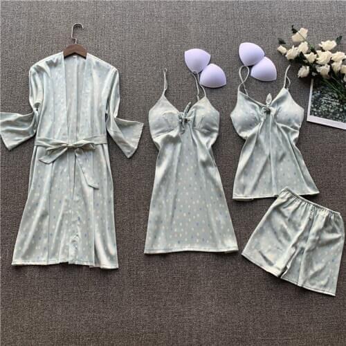 Foply Fashion Women Robe Gown 2 PCS Set Faux Silk Hot Spring Sexy Lace Nightgowns Women Sleepwear Dress Woman Pajamas Bathrobe