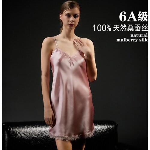 Hangzhou 100% Mulberry Silk Lace Sexy Pajamas Dress Women Nightwear Spring Short Sleeve Loose Solid Color Silk Nightdress