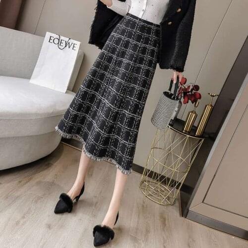 Plaid Knitted Womens Autumn Winter A- Line Knitted Skirt Tassel Wool Long Skirt Woman Skirts Faldas Jupe スカート マーメイド